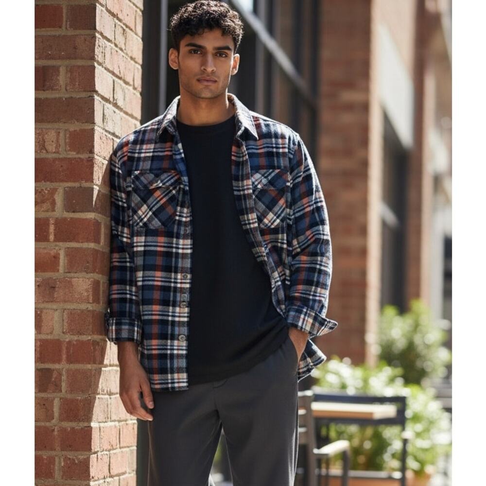 H&M boys blue red plaid flannel button down long sleeve casual shirt top cotton